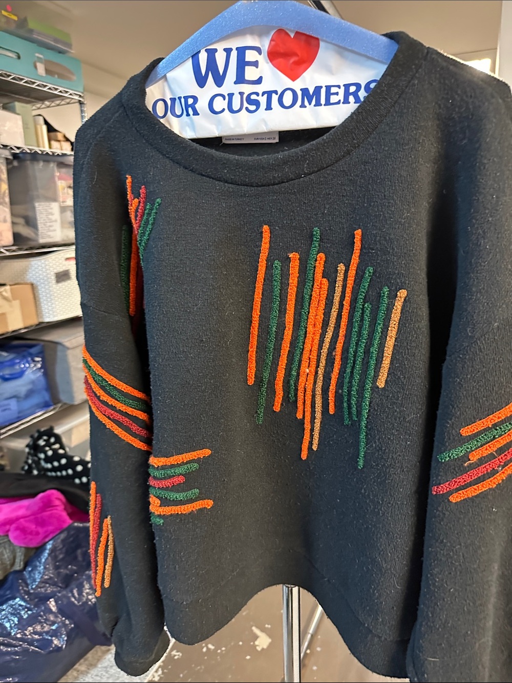 Zara Black Crewneck Sweater with Orange & Green Embroidery
